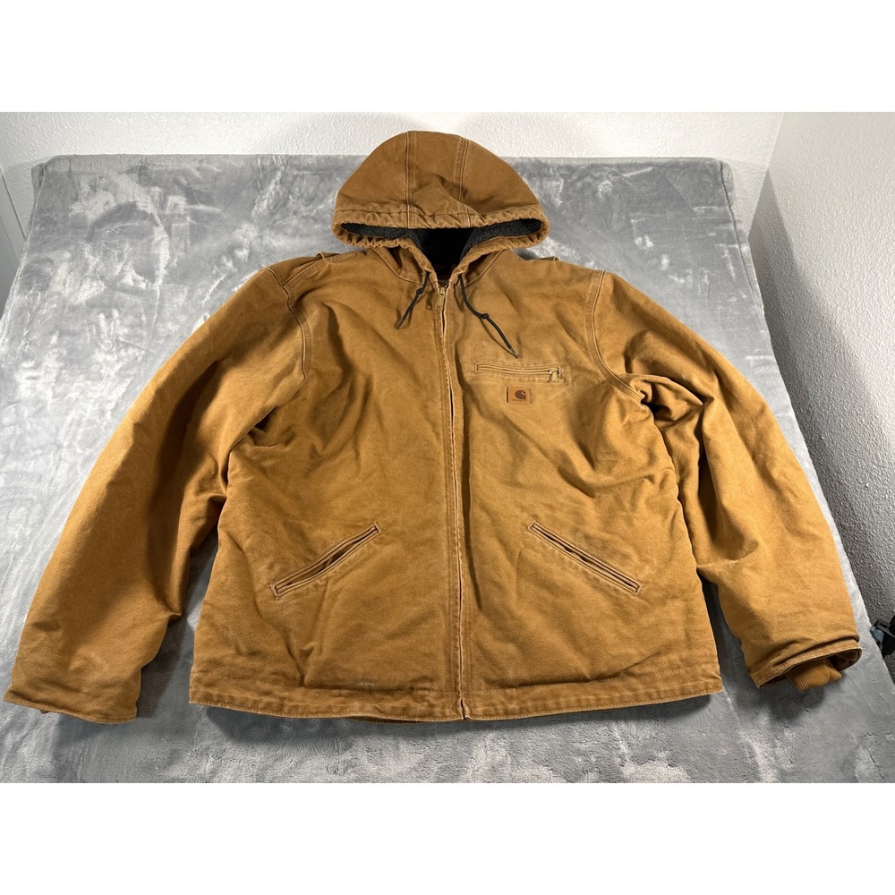 Carhartt Bartlett Jacket Mens XL Brown Sherpa Lined Duck Canvas Hooded Work Coat